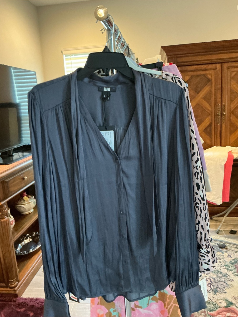 PAIGE Slate Gray Satin Button-Front Blouse